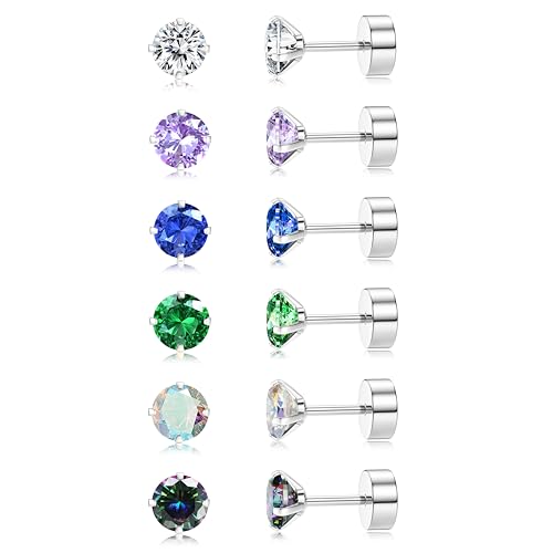 Dochais 6Paar Titan Ohrstecker für Männer Frauen, G23 Titan Ohrringe für empfindliche Ohren flach zurück Ohrstecker Knorpel Ohrring Cubic Zirkonia hypoallergen flach zurück Ohrringe von Dochais