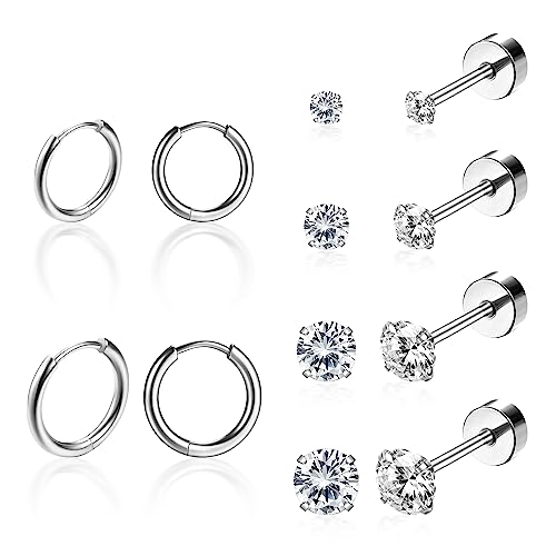 Dochais 6pcs Ohrstecker, G23 Titanium Hoop Earrings Cubic Zirconia Ohrstecker Hypoallergene Ohrringe, kleine Tragus Knorpel Ohrringe Set für Frauen Männer 2mm,3mm,4mm,5mm von Dochais