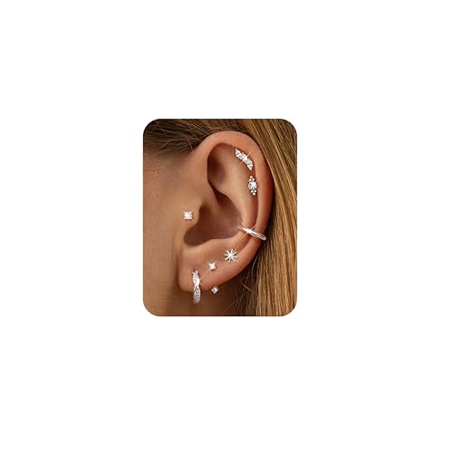 Dochais 7 Paar Ohrringe Silber Set für Damen Helix Piercings Chirurgenstahl Ohrringe Creolen Silber Hypoallergene CZ Ohrstecker Klein Ohrpiercing Knorpel Cartilage Conch Tragus Piercing Ohr Schmuck B von Dochais