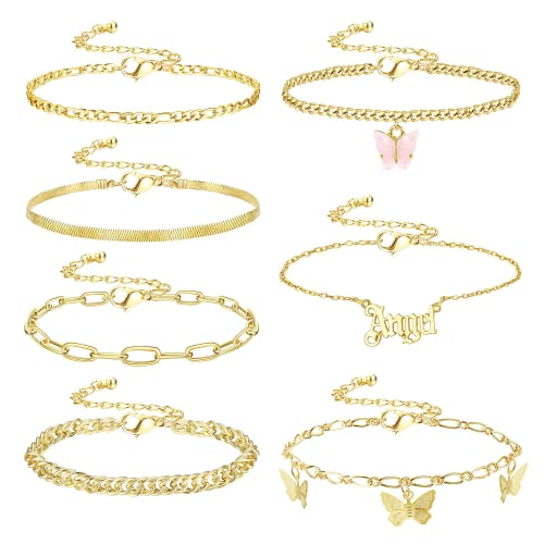 Dochais 7 Stück Fußkettchen Gold, Fußkettchen Boho Gold, Barfuß Strand Fußkettchen, Mehrlagiges Fußkettchen, Verstellbare Fußkettchen Set Damen, Schmetterling Büroklammer Fußkettchen für Damen Mädchen von Dochais