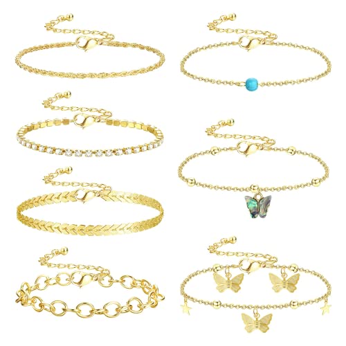 Dochais 7 Stück Fußkettchen Gold, Fußkettchen Boho Gold, Barfuß Strand Fußkettchen, Mehrlagiges Fußkettchen, Verstellbare Fußkettchen Set Damen, Schmetterling Zirkonia Fußkettchen für Damen Mädchen von Dochais