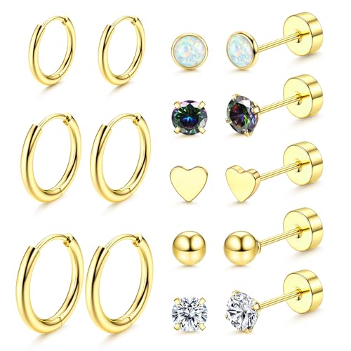 Dochais 8 Paar Ohrringe Gold Set für Damen Chirurgenstahl Creolen Ohrstecker Gold Piercing Ohr Helix Knorpel Medizinische Ohrstecker Huggie Creolen Hypoallergene Siber Ohrringe Mehrfache Piercings von Dochais