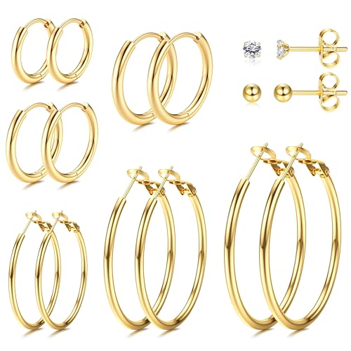 Dochais 8 Paar Gold Ohrringe Damen Creolen 14K Vergoldete Ohrringe Ohrstecker Gold Set Hypoallergen Ohrstecker Zirkonia Ball Creolen Klein Gold Hoop Earrings Creolen Groß für Damen Herren von Dochais