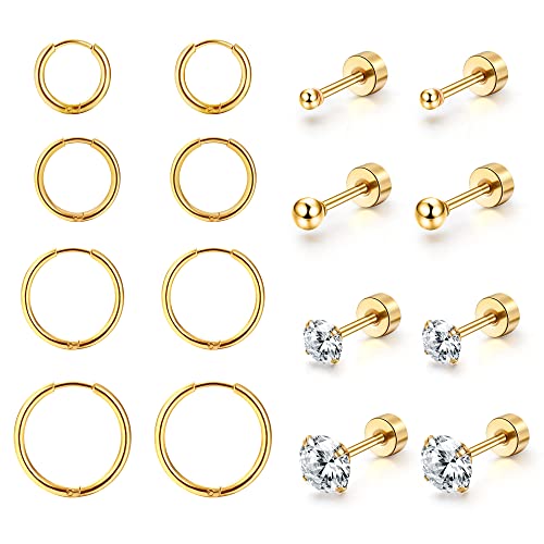 Dochais 8 Paar Ohrring Set, 316L Chirurgenstahl, 14K Gold plattiert Cubic Zirkonia Runde Ohrstecker, Hypoallergene Knorpel Huggie Hoop, Mehrfach-Piercing (Gold, Silber) von Dochais