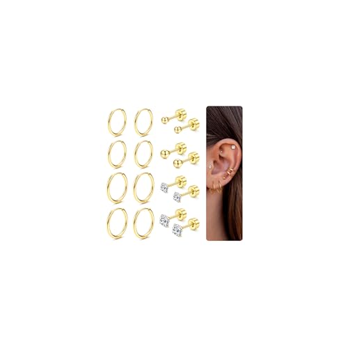 Dochais 8 Paar Ohrring Set, 316L Chirurgenstahl, 14K Gold plattiert Cubic Zirkonia Runde Ohrstecker, Hypoallergene Knorpel Huggie Hoop, Mehrfach-Piercing (Gold, Silber) von Dochais