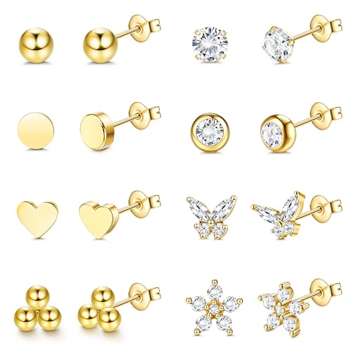Dochais 8 Paar Ohrstecker Gold Set für Damen Ohrstecker Klein Gold Ohrringe Chirurgenstahl Ohrringe Stecker Zirkonia Herz Ball Hypoallergene Creolen Set Knorpel Helix Conch Piercing Ohr von Dochais