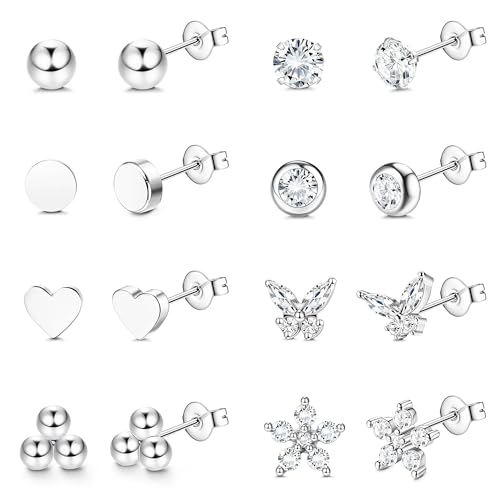 Dochais 8 Paar Ohrstecker Silber Set für Damen Ohrstecker Klein Silber Ohrringe Chirurgenstahl Ohrringe Stecker Zirkonia Herz Ball Hypoallergene Creolen Set Knorpel Helix Conch Piercing Ohr von Dochais