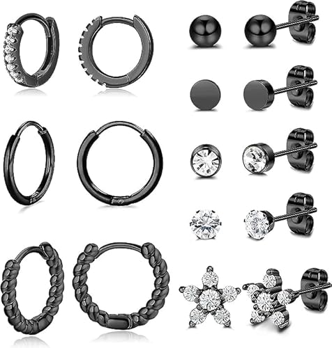 Dochais 8Paare Ohrring-Sets für mehrere Piercing 14K Gold plattiert Ohrstecker und Hoops Set hypoallergene kleine Hoop CZ Ball Schmetterling Ohrringe Sets für Frauen schwarz von Dochais