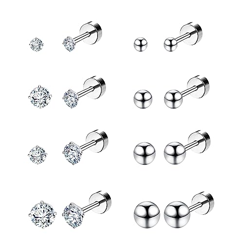 Dochais 8 Pairs Flat Back Earrings G23 Titanium Stud Earrings Hypoallergenic Earrings Stud Earrings Set CZ Ball Earrings for Cartilage Helix Piercing Jewelry for Women Men 2mm,3mm,4mm,5mm von Dochais