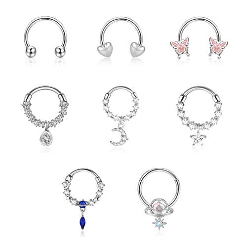 Dochais 8 Stk 16G Baumeln Septum Ringe für Frauen CZ Septum Nasenringe Baumeln Septum Schmuck Blauer Planet Mond Stern Schmetterling Daith Ohrringe Knorpel Helix Piercing Schmuck von Dochais