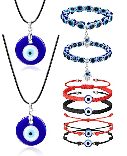 Dochais 8 Stück Evil Eye Halsketten Anhänger für Damen Herren Blue Eye Bead Hamsa Hand Stretch Armbänder Seil Evil Eye Armbänder Schmuckset von Dochais