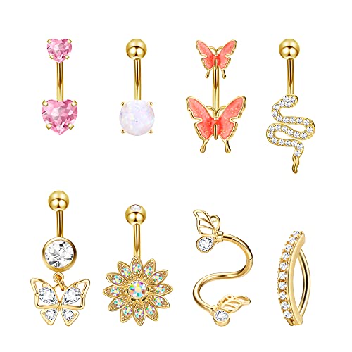 Dochais 8 Stück Piercing Bauchnabel Edelstahl, Piercing Bauchnabel Gold, Bauchnabelpiercing CZ, Piercing Bauchnabel 10mm Stablänge, Bauchnabelpiercing Herz Schmetterling für Damen Männer 14G von Dochais