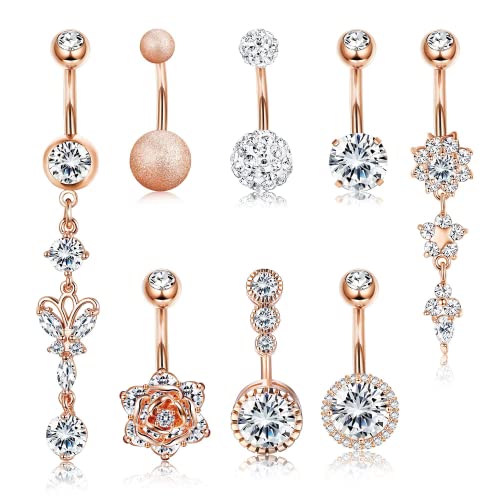 Dochais 8 Stück Piercing Bauchnabel Edelstahl, Piercing Bauchnabel Rosegold, Bauchnabelpiercing CZ, Piercing Bauchnabel 10mm Stablänge für Damen Männer 14G von Dochais