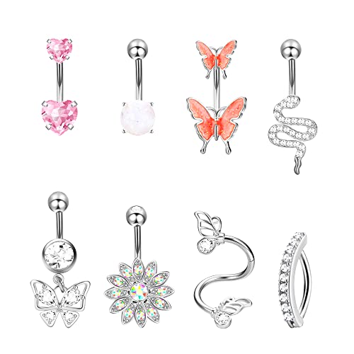 Dochais 8 Stück Piercing Bauchnabel Edelstahl, Piercing Bauchnabel Silber, Bauchnabelpiercing CZ, Piercing Bauchnabel 10mm Stablänge, Bauchnabelpiercing Herz Schmetterling für Damen Männer 14G von Dochais