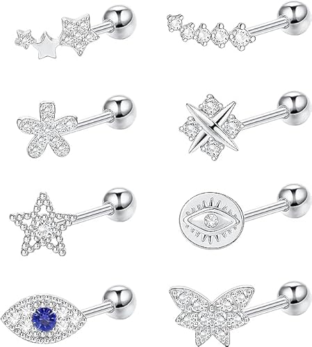 Dochais 8Pcs 18G Edelstahl Knorpel Ohrstecker für Männer Frauen böse Auge Helix Tragus Ohrring Schmetterling Ohrringe CZ Stern Barbell Ohr Piercing Schmuck von Dochais
