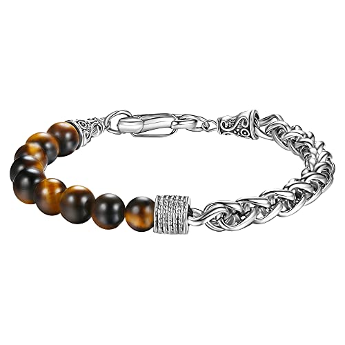 Dochais 8mm Tigerauge Armband für Männer,Naturstein Armband Yoga Perlen,Armband Herren aus Edelstahl von Dochais