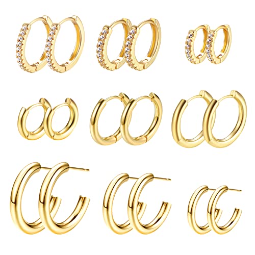 Dochais 9 Paar Creolen Gold Set, Creolen Gold Breit, Gold Hoop Earrings, Gold Chunky Creolen Set, Ohrringe Damen Gold Creolen, Hypoallergen, Ohrringe Creolen Zirkonia für Mädchen Frauen von Dochais