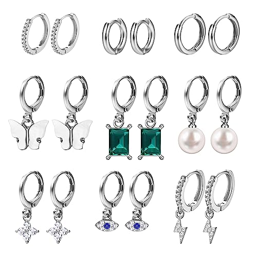 Dochais 9 Paar Ohrringe Hängend für Damen Set Creolen Silber mit Cubic Zirkonia Perlen Anhänger Huggie Ohrringe Schmuck Piercing Geschenk Mädchen Frauen für Geburtstags hochzeit von Dochais