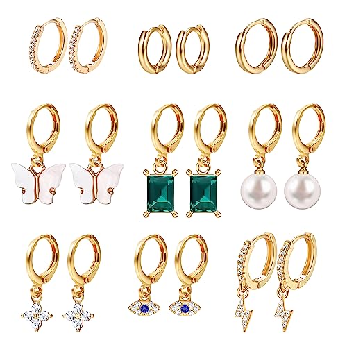 Dochais 9 Paar Gold Ohrringe Hängend für Damen Set Creolen 14K Vergoldet mit Cubic Zirkonia Perlen Anhänger Huggie Ohrringe Schmuck Piercing Geschenk Mädchen Frauen für Geburtstags hochzeit von Dochais