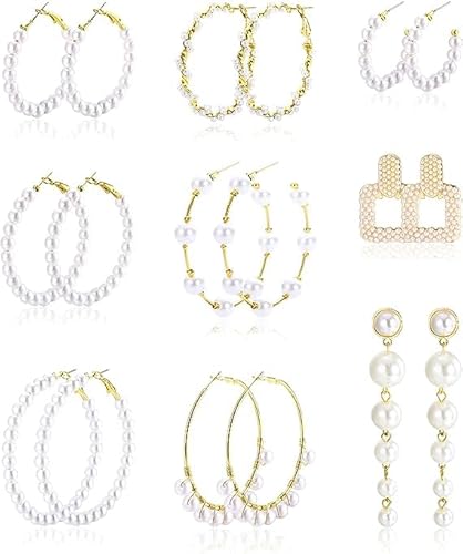 Dochais 9 Paar Perlenohrringe Set für Frauen Faux Pearl Hoop Earrings Pearl Dangle Gold Plated Lightweight Drop Earrings Open Large Circle Round Pearl Earrings Jewelry Birthday Gift von Dochais