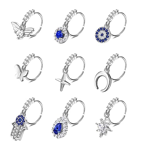 Dochais 9 Stück Nasenring Edelstahl, Nasenringe Nasenpiercing, Hoop Nose Ring, Helix Ring Set, mit Evil Eye Schmetterling CZ, Daith Septum Ringe, Hoop Ohrringe Septum für Damen Männer Silber 10mm 20G von Dochais