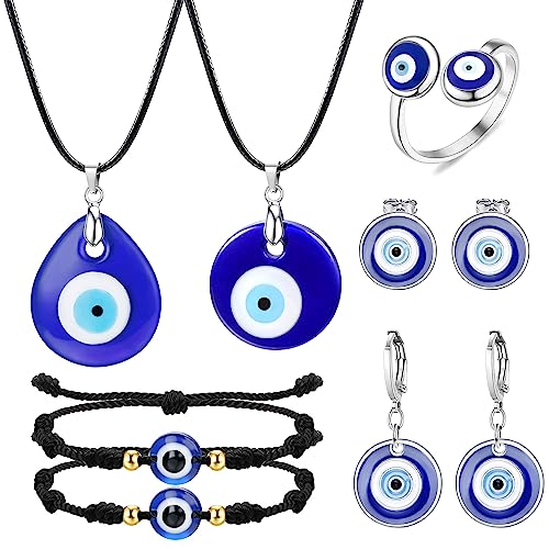 Dochais 9 teiliges Evil Eye Halskette mit Armband, Ring Ohrring Set, Hamsa Hand, Türkisches Blaue Glas, Evil Eyes Kette, 7 Knoten Evil Eye Kabbalah Amulett, Schützende Glücksarmbänder für Damen Herren von Dochais