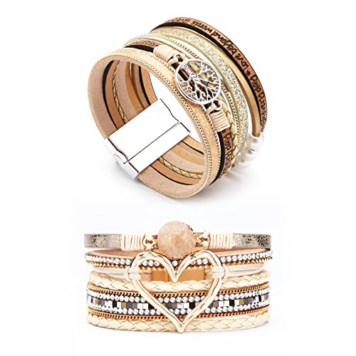 Dochais Armbänder Damen Set, 2 Stück Mehrschichtiges Lederarmband, Boho Wickelarmband Mit Handgelenksmanschette Und Magnetschnalle Für Frauen (Gold) von Dochais