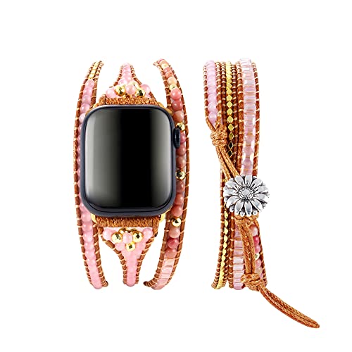 Dochais Boho Perlen Armbänder Mehrschichtige handgeflochtene Steinperlenuhr,Kompatibel mit Apple Watch Band 45/44/41/40/38mm,Armbänder für iWatch SE Serie 8 7 6 5 4 3 2 1 (42mm/44mm/45mm, Rosa) von Dochais