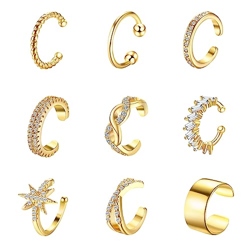 Dochais 9 Stück Ear Cuff Set Damen Ohrmanschette Ohrringe Earcuffs Set Ohrklemme Helix Knorpel Ohrmanschette Ohne Ohrloch Ohr-Clips Mädchen Wickelohrring Fakepircings Ohr Cuffs Ohrklemme Ohrring von Dochais