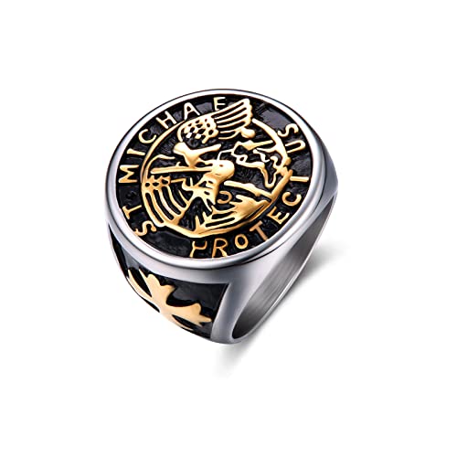 Dochais Edelstahl Siegelring Fingerring für Herren Damen, Heiliger Michael Christophorus Fingerring Saint Benedikt Ring (10, Gold) von Dochais