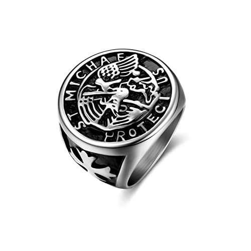 Dochais Edelstahl Siegelring Fingerring für Herren Damen, Heiliger Michael Christophorus Fingerring Saint Benedikt Ring (12, Schwarz) von Dochais