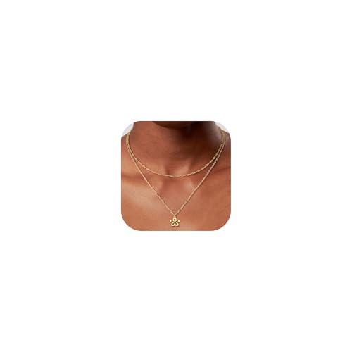 Dochais Damen Layered Anhänger Kette, Hypoallergene 14K Gold Vergoldet Zarte Mehrreihige Halskette, Wasserfest Kette mit Schmetterlings/Blumen/Sonne/Büroklamme, Modeschmuck Kette Gold für Frauen von Dochais