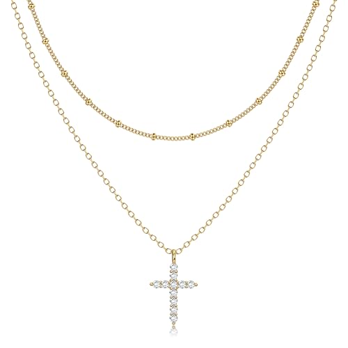 Dochais Kette Kreuz für Damen,14K Gold Layering Vergoldet Kreuz Kette，Kreuz Pendants Kette, Goldkette Geschenke Halskette, 5A Zirkon Gold Halskette für Damen Frauen und Mädchen von Dochais