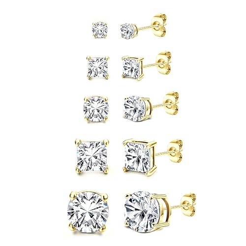 Dochais Herren 925 Sterling Silber Ohrringe 5 Paare gefälschte Diamant Ohrringe für Frauen Runde & Quadrat Kubik Zirkonia hypoallergene Studs Ohrring Set Größe 3/5/8mm, Gold von Dochais