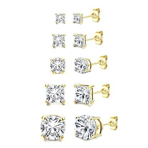 Dochais Herren 925 Sterling Silber Ohrringe 5 Paare gefälschte Diamant Ohrringe für Frauen Runde & Quadrat Kubik Zirkonia hypoallergene Studs Ohrring Set Größe 3/5/8mm, Gold1 von Dochais