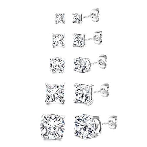 Dochais Herren 925 Sterling Silber Ohrringe 5 Paare gefälschte Diamant Ohrringe für Frauen Runde & Quadrat Kubik Zirkonia hypoallergene Studs Ohrring Set Größe 3/5/8mm, Silber1 von Dochais
