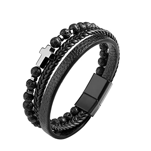 Dochais Herren Armband, Edelstahl Echtleder Armband, Jesus Christus Kruzifix Kreuz Armband, Naturstein Geflochten Armband mit Magnet Verschluss, Schmuck Geschenke Für Männer (B, Schwarz, 21cm) von Dochais