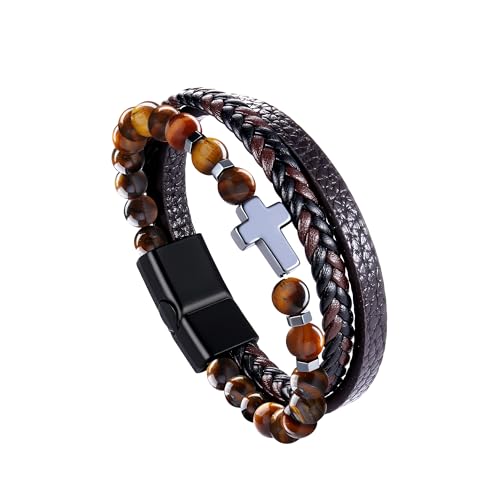 Dochais Herren Armband, Edelstahl Echtleder Armband, Jesus Christus Kruzifix Kreuz Armband, Naturstein Geflochten Armband mit Magnet Verschluss, Schmuck Geschenke Für Männer (B, Braun, 23cm) von Dochais