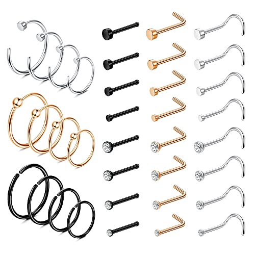 Dochais L Nasenringe, Nasenringe 316L Edelstahl, Nase Ringe Studs Hypoallergen, Nostril Nose Piercing Schmuck, Für Frauen Männer Silber Rose Gold Schwarz von Dochais