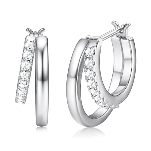 Dochais Ohrringe Creolen Silber mit Zirkonia Creolen Klein Silber 925 Ohrringe Gold 14 Karat Vergoldet Hypoallergene Ohrring Doppel Huggie Hoop Earrings für Damen Mädchen Herren von Dochais