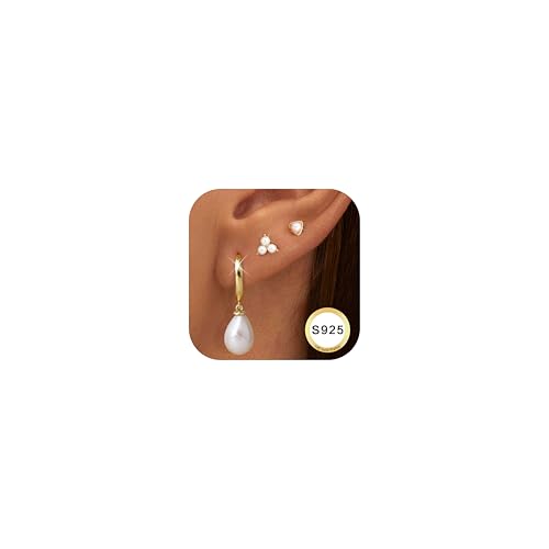 Dochais 3 Paar Ohrringe Gold Set Silber 925 Ohrstecker 14K Vergoldet Creolen mit Anhänger Hypoallergen Ohrringe Stapelbar Ohrring Gold Schmuck Geschenk für Damen Frauen von Dochais