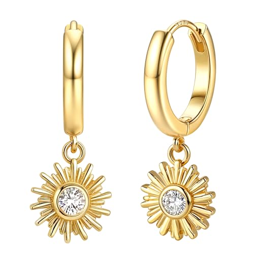 Dochais S925 Ohrringe für Damen Mädchen14 Karat Vergoldet Hypoallergene Huggie Creolen mit Blitz/Kreuz/Stern/Münz/Perlen Ohrringe Knorpel Tropfen Sehr Hautverträgliche Goldene Sonne von Dochais