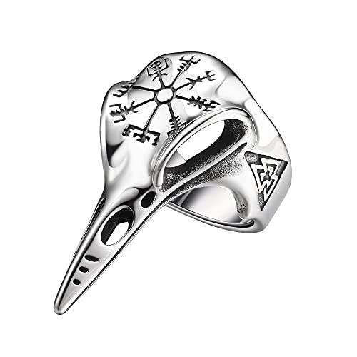 Dochais Schmuck Ring Herren aus Edelstahl,Ring Viking Wikinger Krähe Schädel Vintage-Kompass Ring,Ring Herren Silber Größe 60 bis 70 (Silber, 60) von Dochais