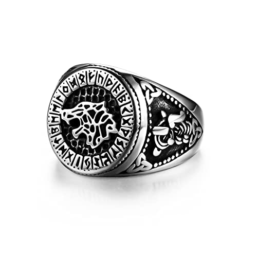 Dochais Schmuck Ring Herren aus Edelstahl,Ring Viking Wikinger Wolfskopf,Ring Herren Schwarz Größe 60 bis 70 (Schwarz, 62) von Dochais