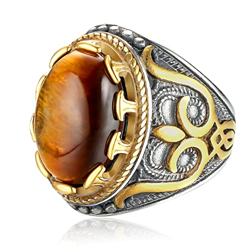 Dochais Tolles Geschenk für Männer,Schmuck Herren-Ring aus Edelstahl Matt,Klassisches Großer Herrenring,Ring mit Tigerauge Türkis (Gold, 62) von Dochais