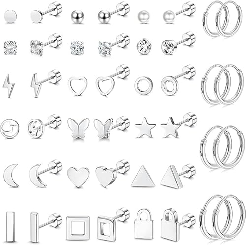 Dochais 22Pairs Edelstahl Tiny Stud Earrings für Frauen Männer Titan Hoop Earrings For Women Star Moon Cartilage Helix Tragus Barbell Ball Screw Butterfly Buckle Earrings Flat Back Earrings von Dochais