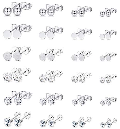 Dochais 24 Paar Ohrringe Set, Ohrstecker Set, Hypoallergen Ohrringe Silber Set, Runde Zirkonia Ohrstecker, Für Mehrere Piercings, Kleine Ohrstecker Für Damen Herren Mädchen von Dochais