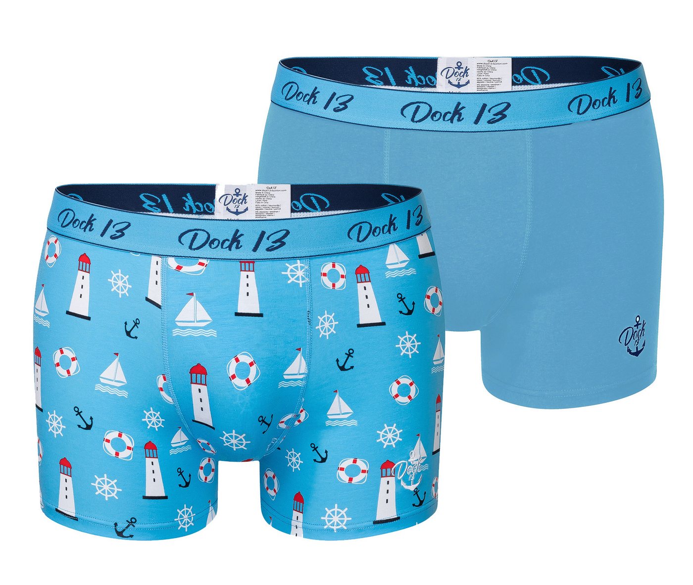 Dock13 Boxershorts Dock13 Herren Boxershorts Maritim (2er Pack) Blau mit Muster - Small (Packung, 2er-Pack) mit Logostickerei, gewebtet Bund,eleganter Verpackung von Dock13