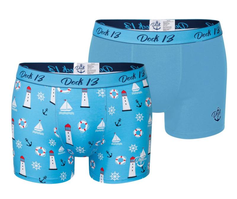 Dock13 Boxershorts Dock13 Herren Boxershorts Maritim (2er Pack) Blau mit Muster - Small (Packung, 2er-Pack) mit Logostickerei, gewebtet Bund,eleganter Verpackung von Dock13