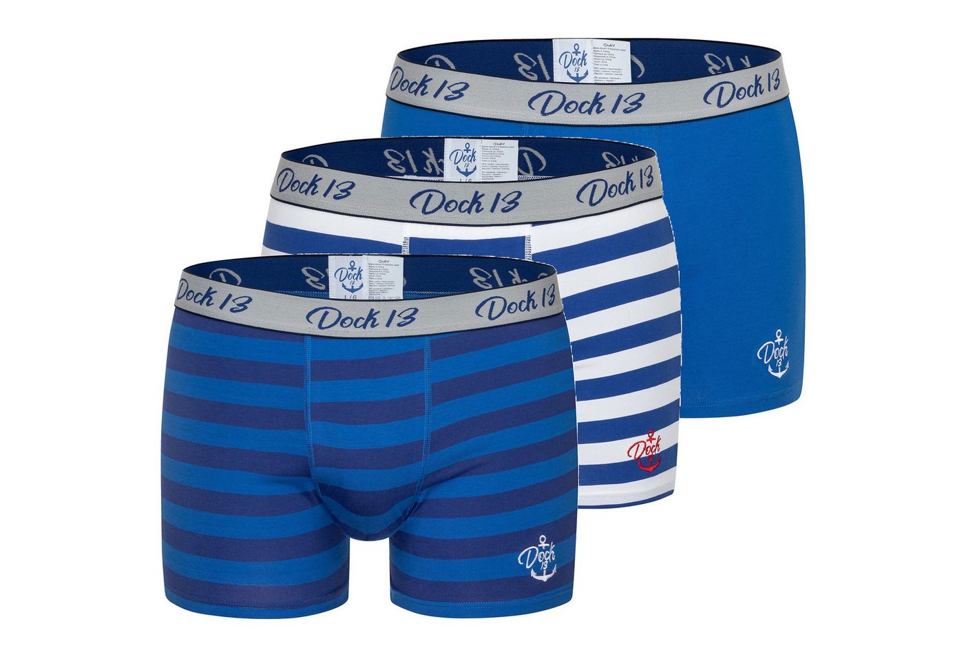 Dock13 Retro Boxer Dock13 Männer Boxershorts Maritim (3er Pack Boxers (3er-Pack, 3-St., 3er-Pack) mit Logo als Stickerei, gewebtem Bund,eleganter Verpackung,Dreierpack,ohne Eingriff,Design aus Norddeutschland von Dock13